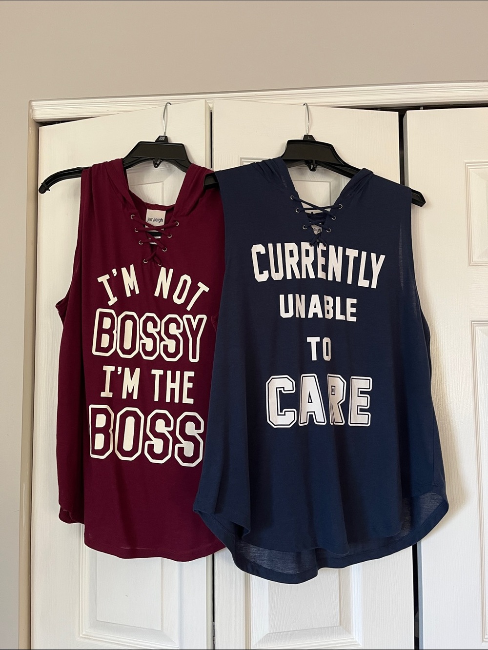 Sleeveless Lace-Up Slogan Hooded Tank Top Navy and Purple